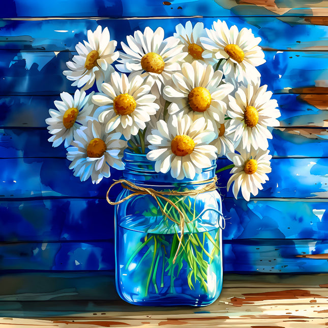 white daisies in a blue jar fabric panel