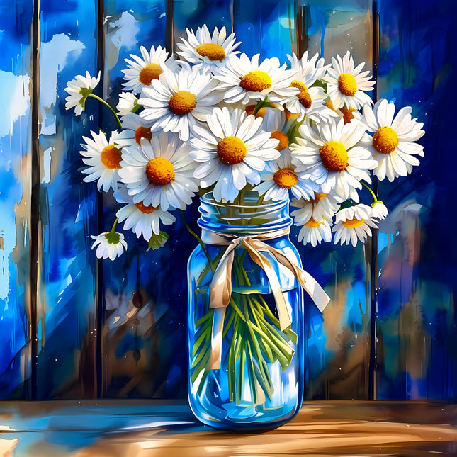 Bouquet of daisies in a blue glass jar fabric panel