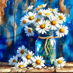 Bouquet of daisies in a blue glass jar against a wooden background with blue watercolor effect fabric panel