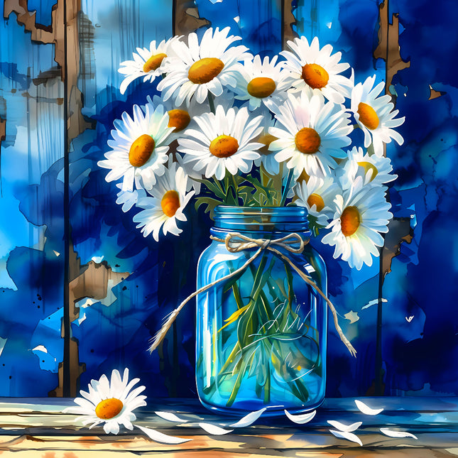 Bouquet of daisies in a blue jar fabric panel