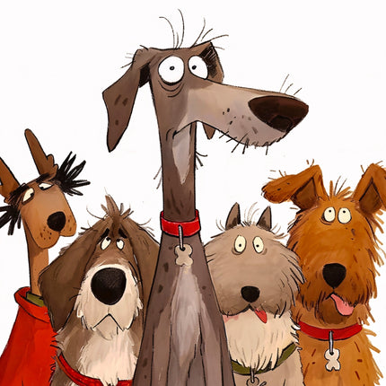 Illustration of five cartoon dogs with various expressions fabric panel