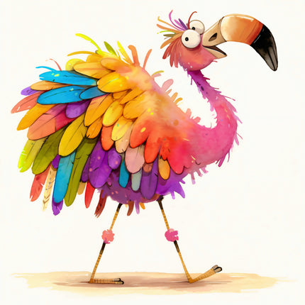 Colorful cartoon flamingo on a white background fabric panel