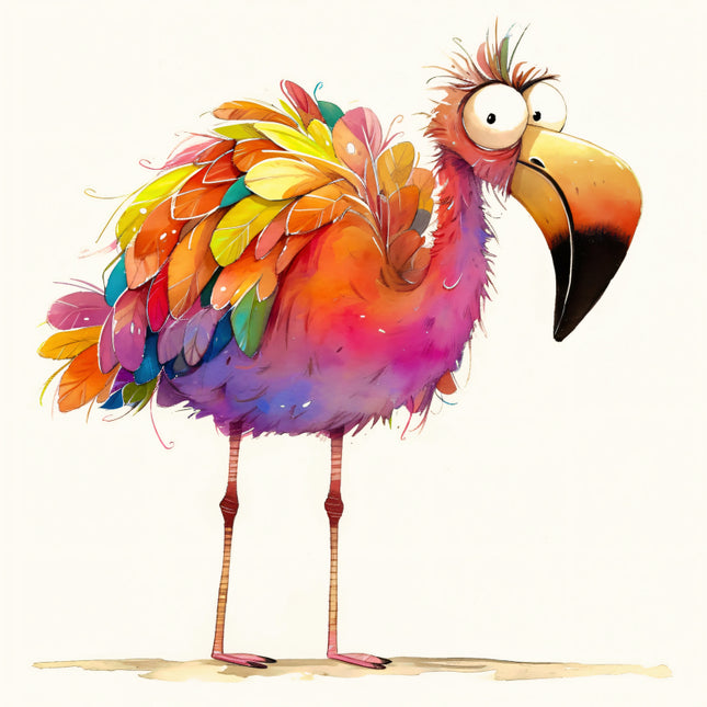 Colorful cartoon flamingo on a white background fabric panel