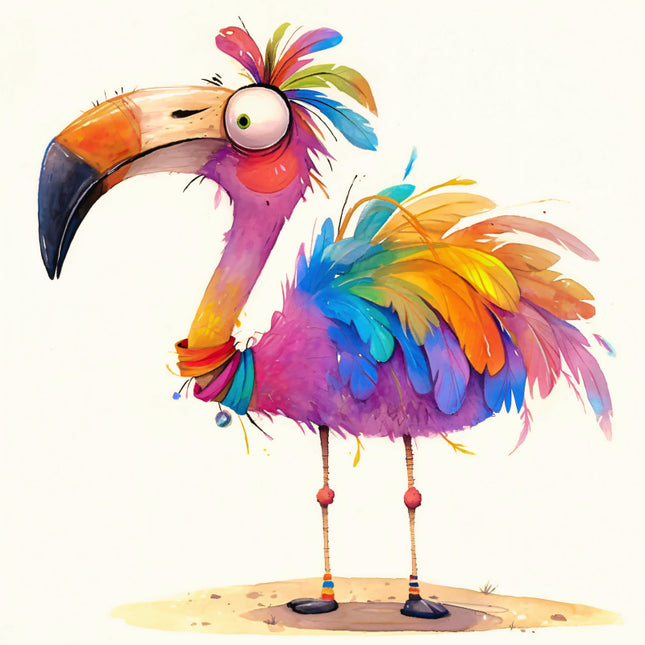 Colorful cartoon flamingo with a toucan-like beak on a white background fabric panel