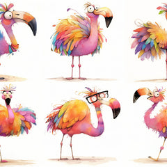 Set of six colorful cartoon flamingos quilt blocks