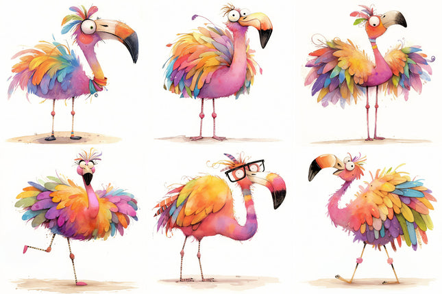 Set of six colorful cartoon flamingos quilt blocks