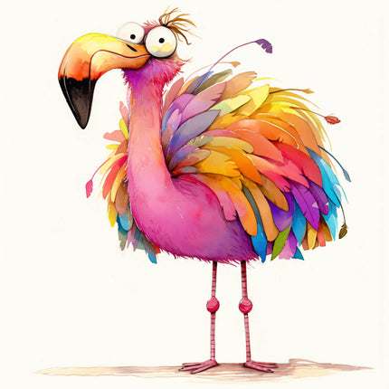 Colorful cartoon flamingo on a white background fabric panel