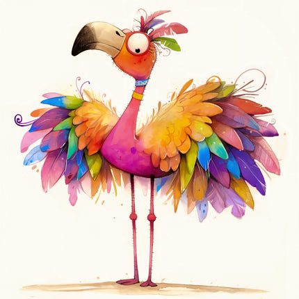 Colorful cartoon flamingo on a white background fabric panel