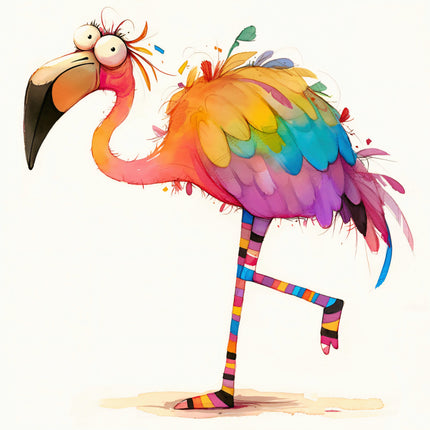 Colorful cartoon flamingo with a rainbow pattern on a white background fabric panel