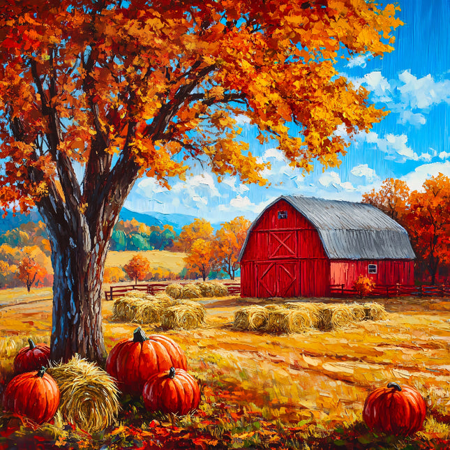 Autumn landscape with a red barn, pumpkins, and hay bales under a blue sky.