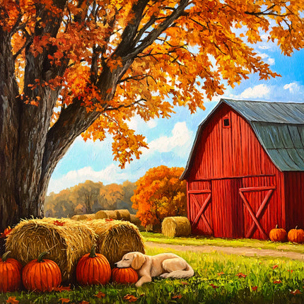 Autumn scene with a red barn, hay bales, pumpkins, and a dog under a large tree.