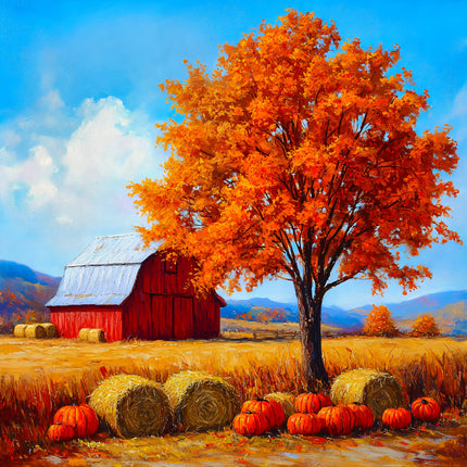 Autumnal landscape with a red barn, orange tree, and pumpkins.