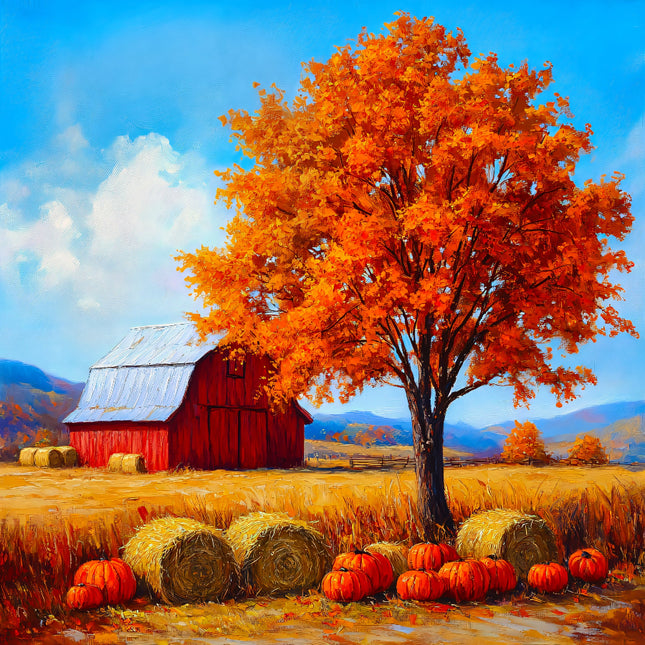 Autumnal landscape with a red barn, orange tree, and pumpkins.