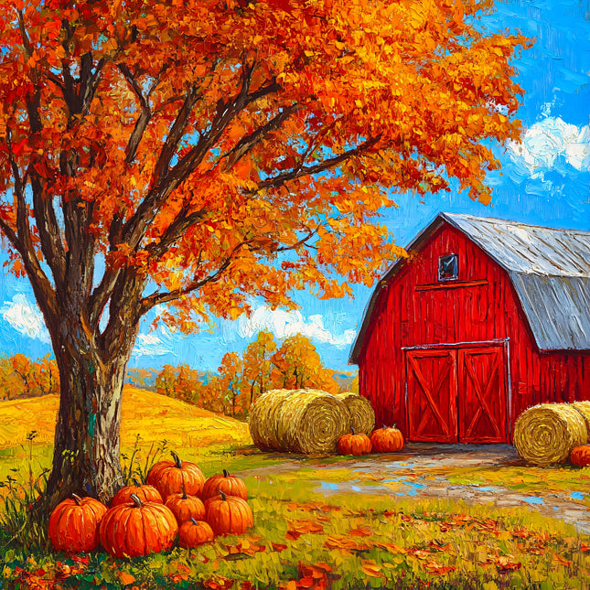Autumn scene with a red barn, pumpkins, and hay bales under an orange tree fabric
