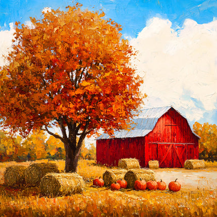 Autumn scene with a red barn, hay bales, and pumpkins under a blue sky.