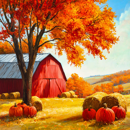 Autumnal scene with a red barn, pumpkins, and hay bales under an orange tree.