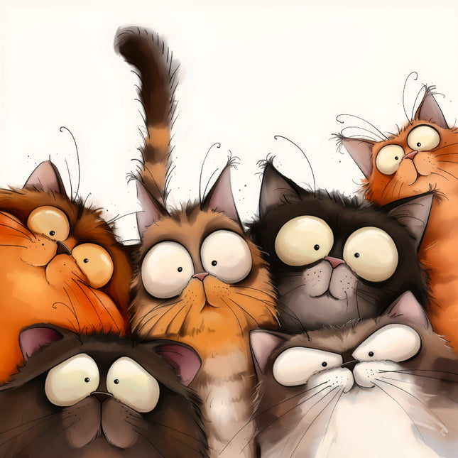 Illustration of six cartoon cats with large eyes fabric panel