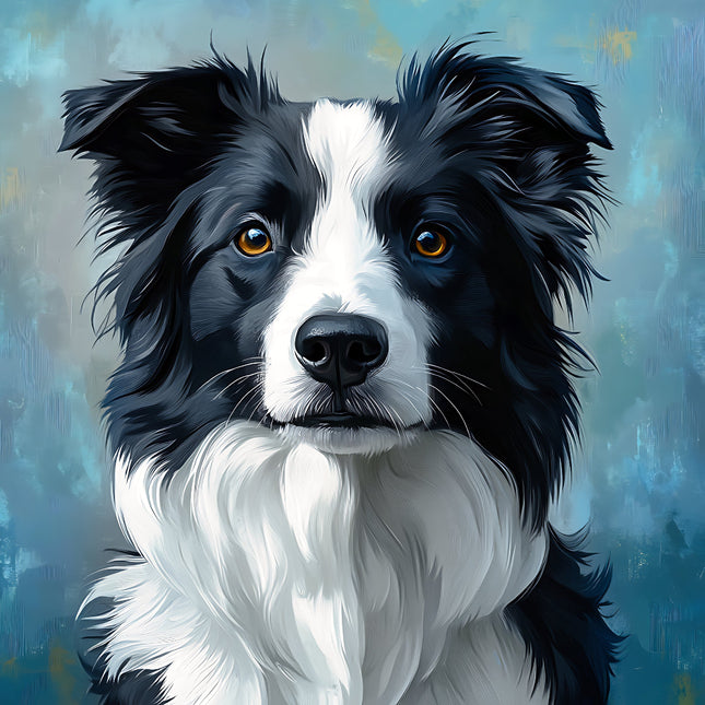 Artistic portrait of a black and white dog quilt block
