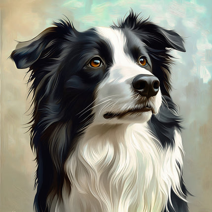 Artistic illustration of a black and white dog with a neutral background fabric panel