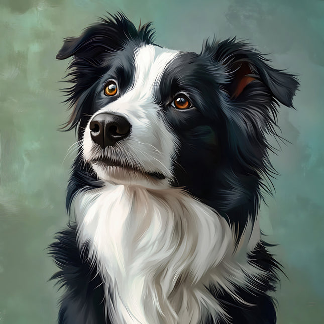 Artistic illustration of a black and white dog with a textured green background fabric panel