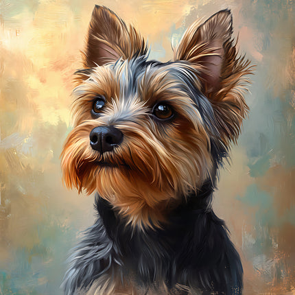 Painting of a small dog with a textured background fabric panel
