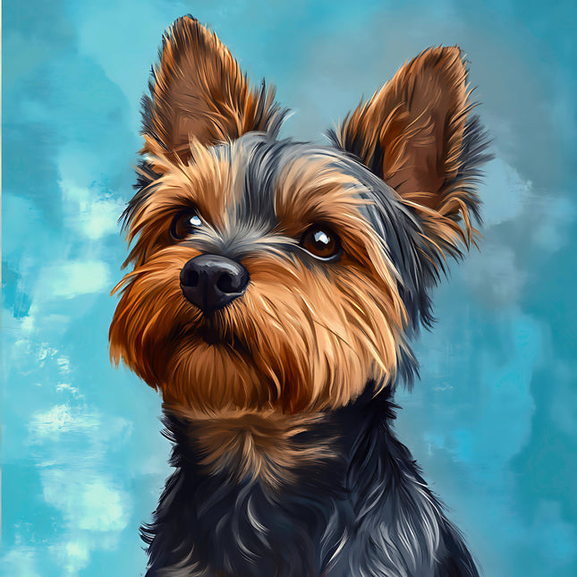 Illustration of a yorkshire dog with a blue sky background fabric panel