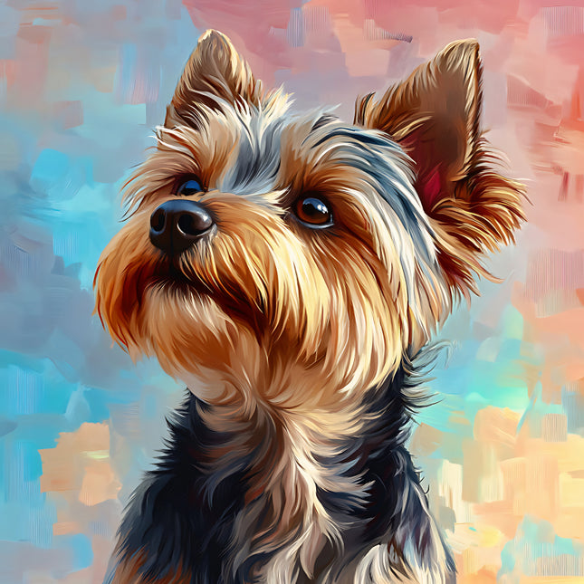 Colorful digital painting of a yorkshire dog with a abstract multicolored background fabric panel