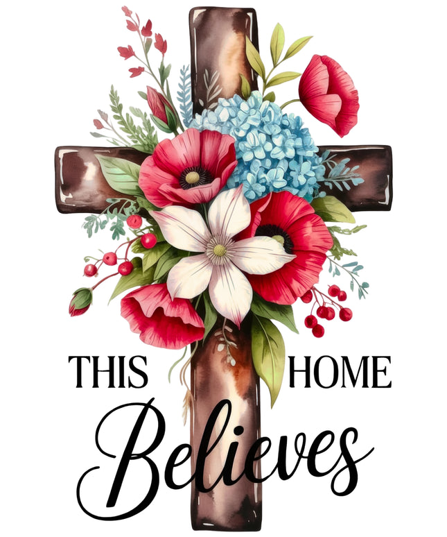 This Home Believes Faith Cross 100% Cotton Fabric Panel Block DD4018