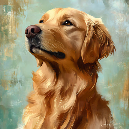 Artistic depiction of a golden retriever with a textured background fabric panel