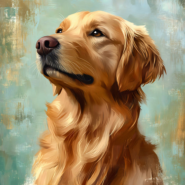 Artistic depiction of a golden retriever with a textured background fabric panel