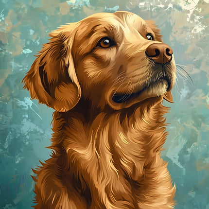 Artistic illustration of a golden retriever with a textured blue background fabric panel