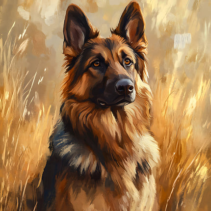 Painting of a German Shepherd dog in a field with warm colors fabric panel