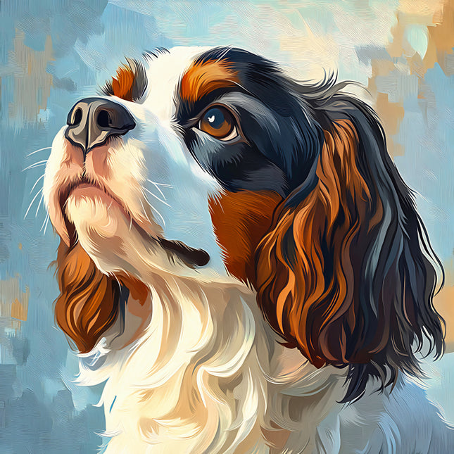 Artistic dog's head with a stylized background fabric panel