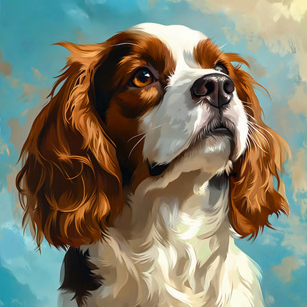 Artistic depiction of a dog with a blue sky background fabric panel