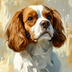 Artistic illustration of a dog with brown and white fur on a textured background fabric panel