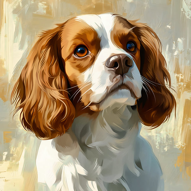 Artistic illustration of a dog with brown and white fur on a textured background fabric panel
