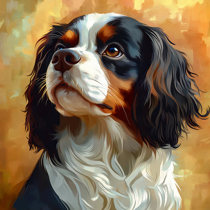 Artistic portrait of a dog with a warm, blurred background fabric panel