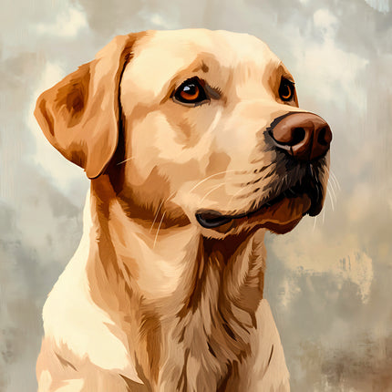 Artistic depiction of a dog with a soft, blurred background fabric panel