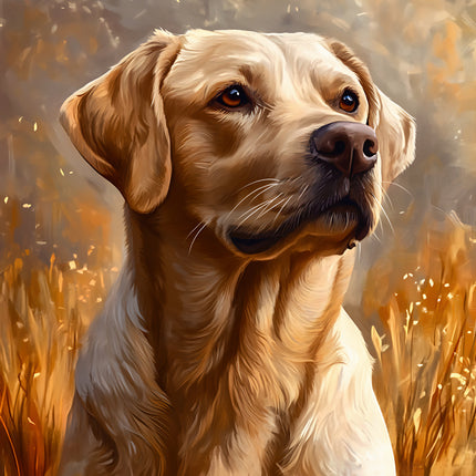 Painting of a golden retriever in a field with warm colors fabric panel
