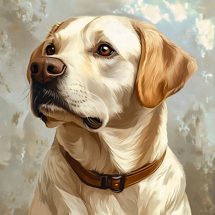 Portrait of a lab dog with a brown collar against a textured background fabric panel