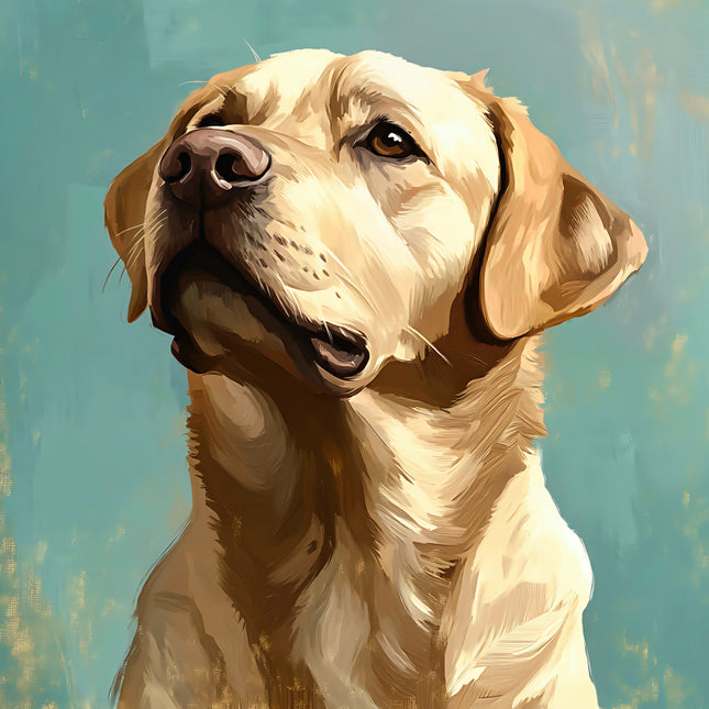 Painting of a labrador dog with a textured blue background fabric panel