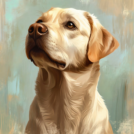 Artistic depiction of a labrador dog's head with a soft, blurred background fabric panel