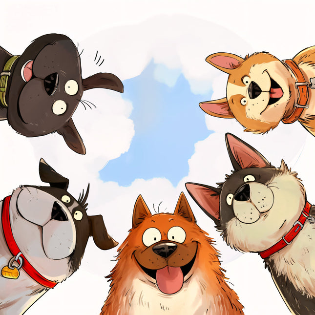 five dogs and a cat forming a circle with a blue sky background fabric panel