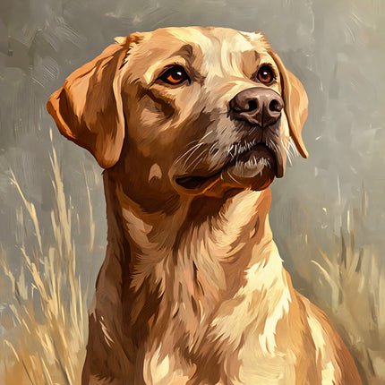 Painting of a labrador dog with a neutral background fabric panel