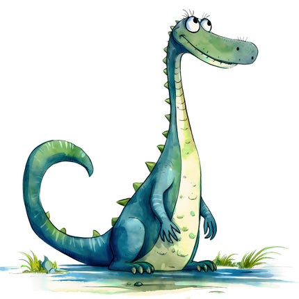 Cartoon dinosaur with a friendly expression on a white background fabric panel