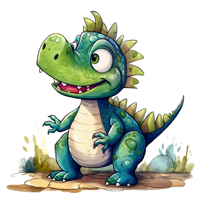 Cartoon dinosaur with a happy expression on a white background fabric panel