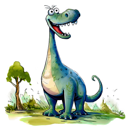 Cartoon dinosaur standing in a grassy area with a tree in the background fabric panel