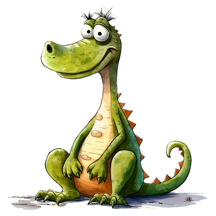 Cartoon green dinosaur with a happy expression on a white background fabric panel