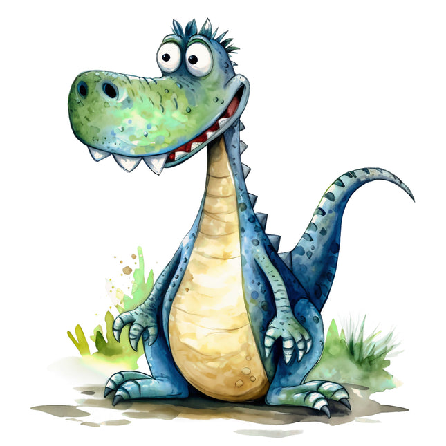 Cartoon dinosaur illustration with a green and blue color scheme on a white background fabric panel
