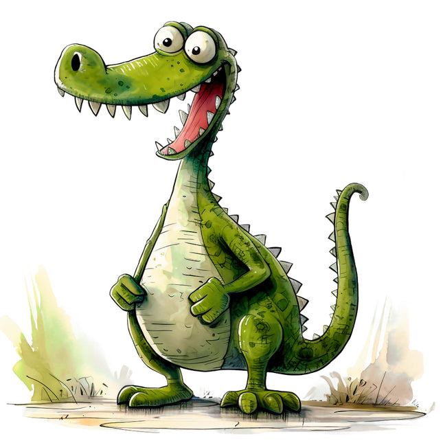 Cartoon green dinosaur with a happy expression on a white background fabric panel